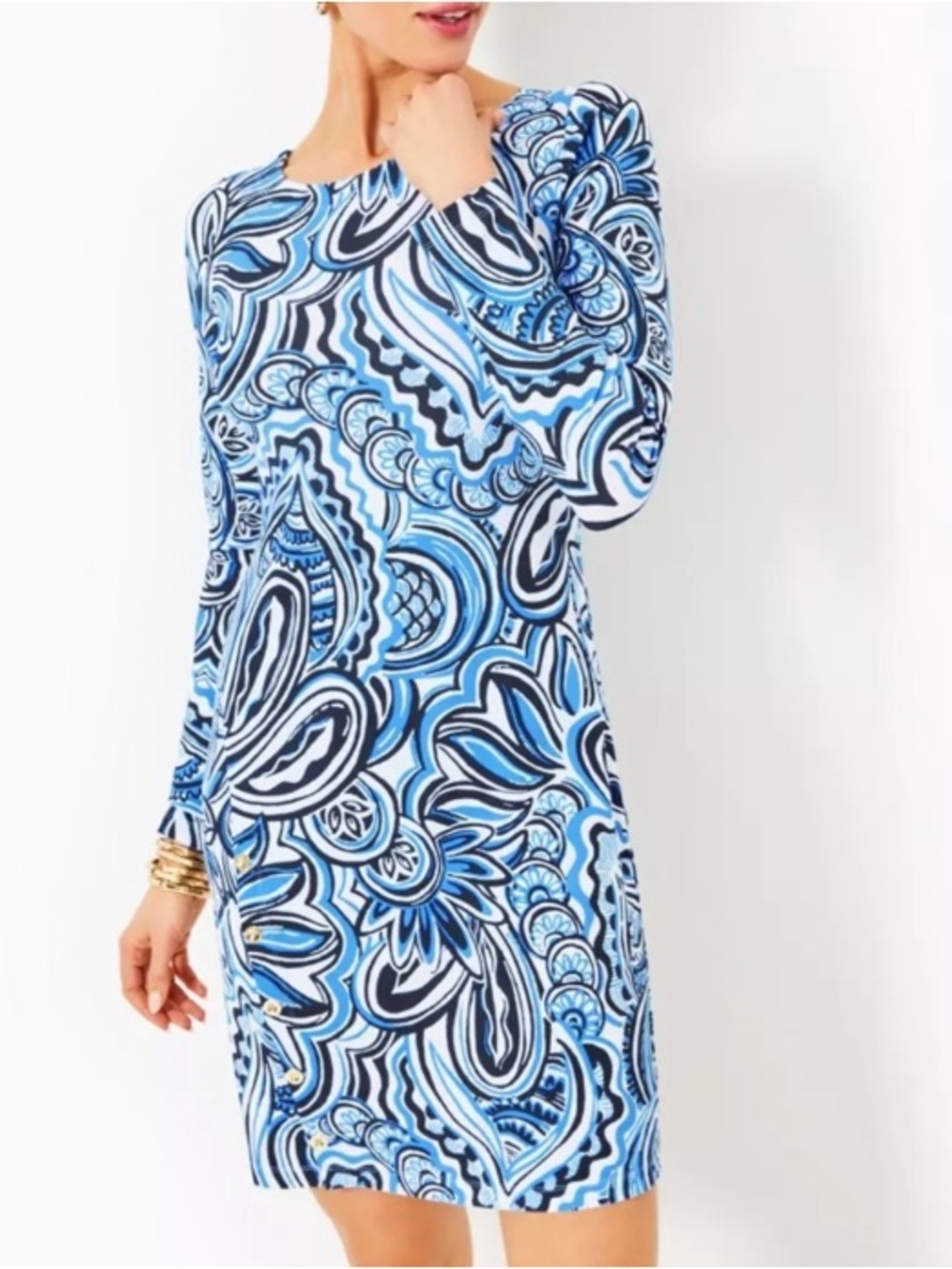 Lilly Pulitzer Blue Paisley-Print Long-Sleeve Shift Dress